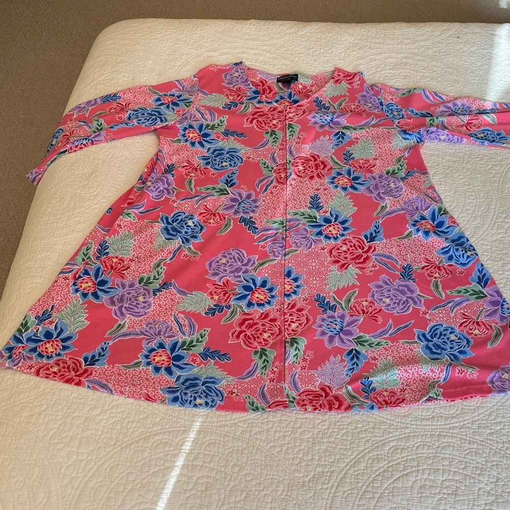 NWT Miss Elaine Cotton Robe Front Zip Swim Cover Women XL Floral Print Pink Blue - Picture 7 of 15